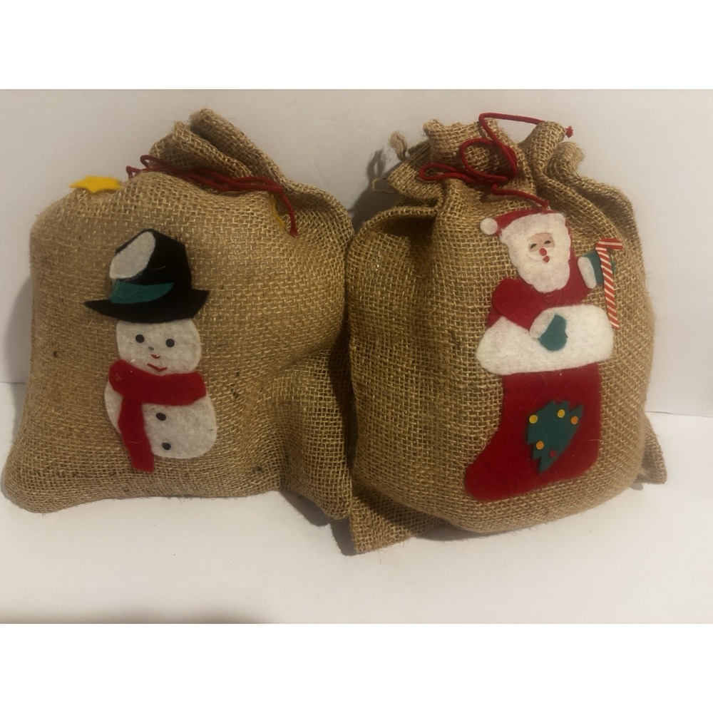 2 Burlap Christmas Bags Decor Santa Claus Snowman Farmhouse Stuffed